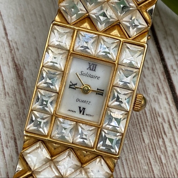 Vintage SOLITAIRE Jeweled Link Square Face Watch - Picture 8 of 11
